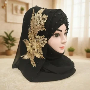 Elegant Georgette Hijab with Pearl & Golden Embroidery – Ready-to-Wear Fancy Scarf for Wedding, Eid & Parties
