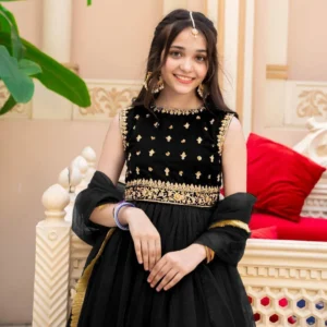 Elegant Black Chiffon 3-Piece Girls’ Embroidered Dress Set (Ages 1-12) – Shirt, Skirt & Lace Dupatta