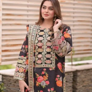 Eid & Wedding Festive Collection – Aneela’s Black Swiss Lawn 3PC Suit | Sequins Embroidered Neck, Long Printed Shirt with Digital Organza Dupatta
