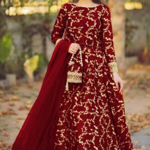 Eid Special Maroon Katan Silk Embroidered Lehenga Choli Set – 4 Pcs Luxury Festive Wear with Chiffon Dupatta & Potli