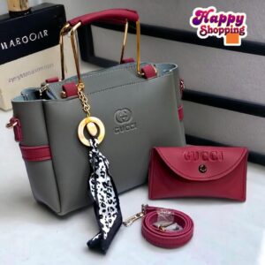 Elegant Grey Rexine Handbag Set (2 Pcs) – Stylish Top Handle Girls Purse Combo